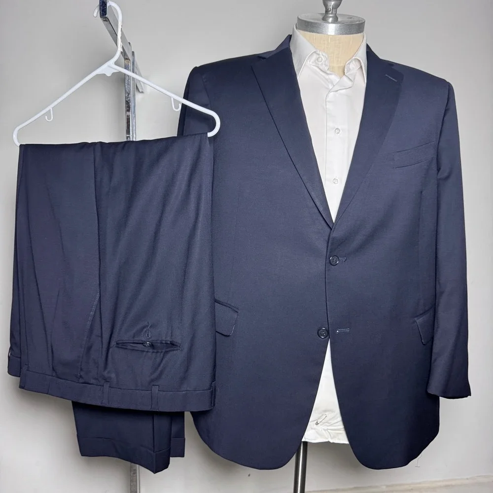 Hart Schaffner Marx Suit Mens 50R W44 Navy Blue Solid 2 Button Wool USA Made‎